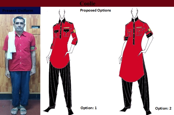 Railway uniform options for coolies by Ritu Beri