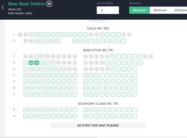 Screenshot from Book My show of a PVR screen in Pacific mall