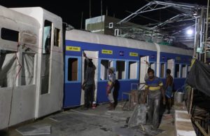 Works in full swing at at Kabirajbagan puja pandal replia train of Kolkata Dhaka Moitree express . The theme of the puja is ' Cholun Berie ashi' a travel initiative . Express photo by Partha Paul. 30.09.2016