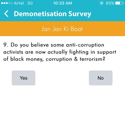 Screenshot of the survey via Narendra Modi app