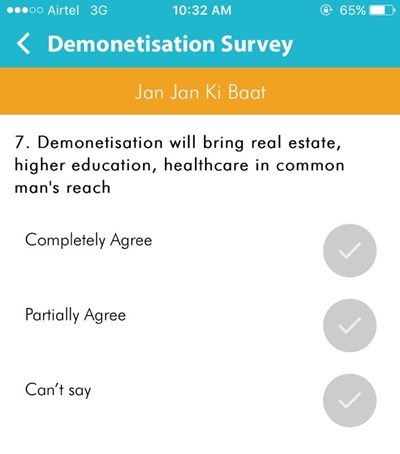 Screenshot of the survey via Narendra Modi app