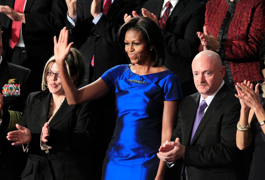 Michelle Obama Reuters 5: Michelle Obama during the State of Union address wearing a blue dress by designer Barbara Tfank, in 2012. (Reuters)