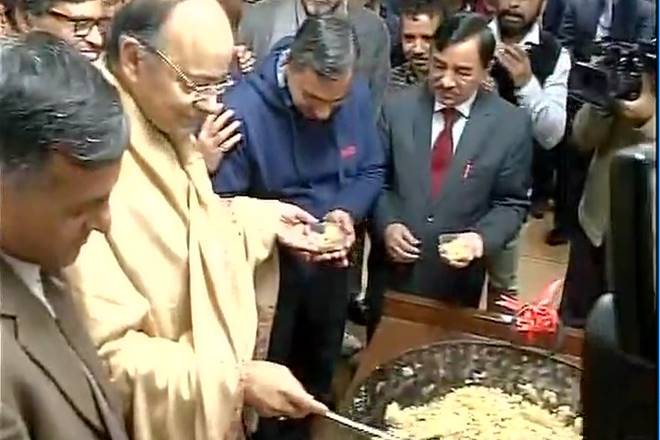 FM Arun Jaitley at 'Halwa ceremony' marking the beginning of Budget printing process. (ANI)