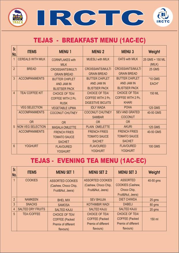 Tejas Express, Tejas Express photos, Tejas Express menu
