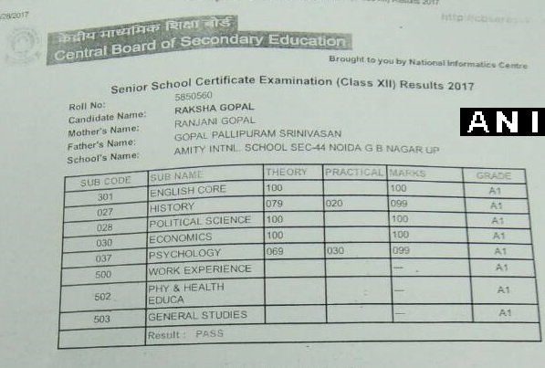 cbse 12th result, cbse 12th result declared, cbse 12th result 2017, cbse.nic.in, cbse 12th result 2017 time, cbse 12th result 2017 date, cbse 12th result 2017 date time, cbseresults.nic.in, Raksha Gopal, Amity International School