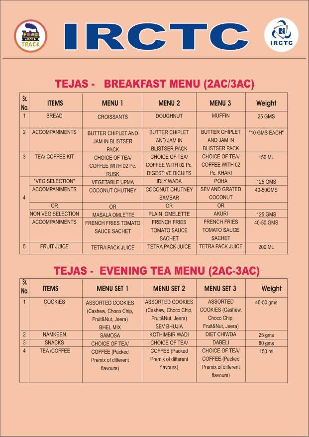 Tejas Express, Tejas Express photos, Tejas Express menu