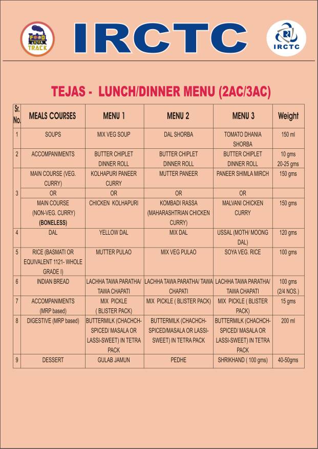 Tejas Express, Tejas Express photos, Tejas Express menu