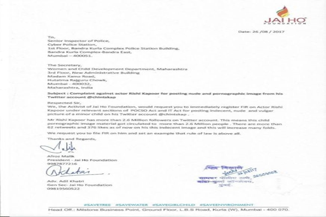 Police complaint filed against Rishi Kapoor, Rishi Kapoor NEWS, Rishi Kapoor share offensive picture of a child google search, Jai Ho Foundation, nude and pornographic image rishi kapoor, police