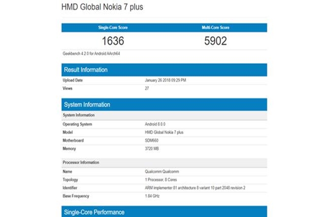 Nokia 7 listed on Geekbench