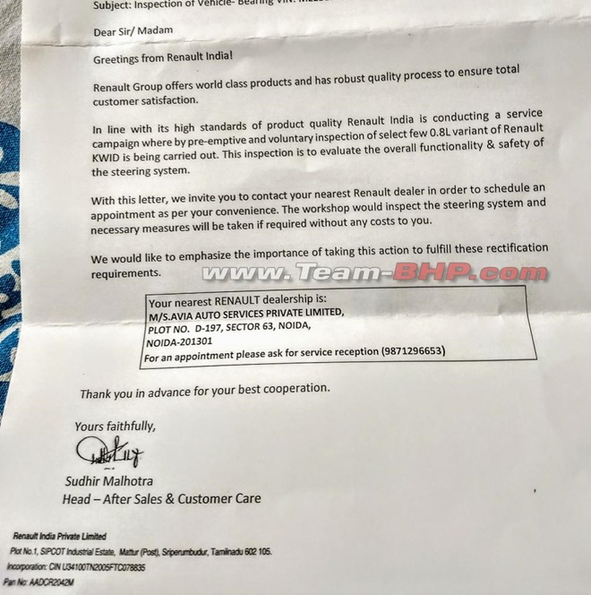 Renault Kwid recall