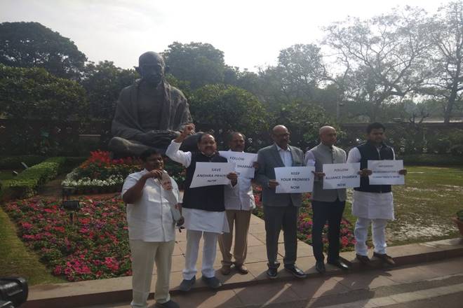 TDP leaders stage protest against the Narendra Modi led BJP