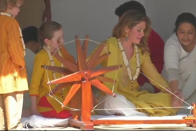 Candian PM Justin Trudeau along with his wife Sophie and children Xavier, Hadrien & Ella-Grace at Sabarmati Ashram in Ahmedabad.