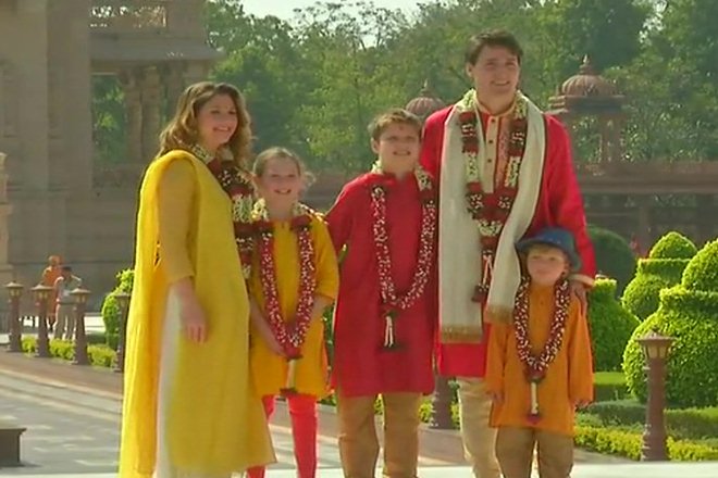 Canadian PM Justin Trudeau along with his wife Sophie and children Xavier, Hadrien & Ella-Grace at Akshardham Temple in Gandhinagar.