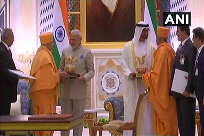 Members of Committee of the temple which will be inaugurated by PM Narendra Modi and the Crown Prince of Abu Dhabi Sheikh Mohamed bin Zayed Al Nahyan. (Image: ANI)