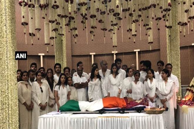 Mortal remains of Sridevi wrapped in tricolour with her family.