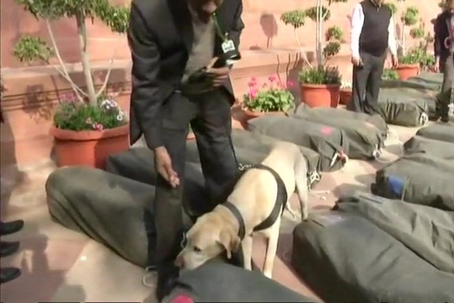 Copies of Union Budget 2018 being checked by security inside Parliament premises.