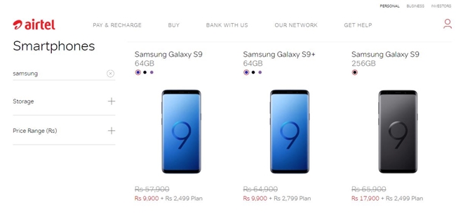 Airtel offers on Samsung Galaxy S9 and Galaxy S9+