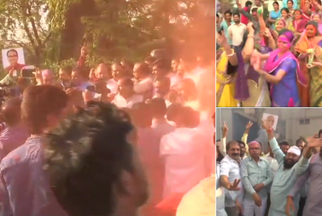 Madhya Pradesh: BJP workers celebrate in Bhopal as BJP is set to win in Tripura.