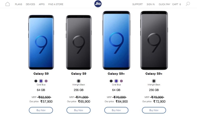 Reliance Jio offers on Samsung Galaxy S9 and Galaxy S9+