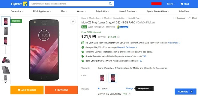 Moto Z2 Play listed on Flipkart.