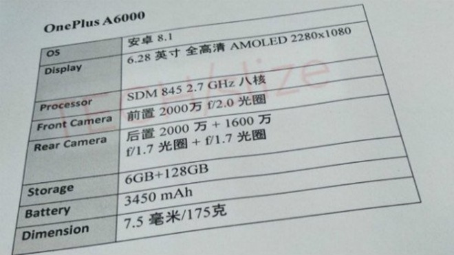 Leaked specsheet of OnePlus 6!