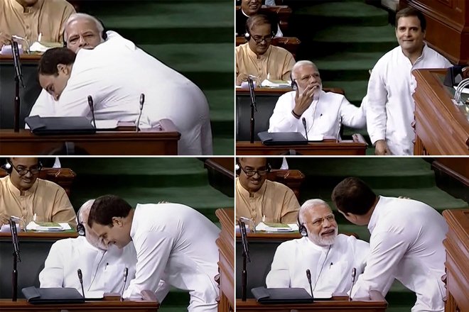 Modi vs Rahul, Narendra Modi, Rahul Gandhi, Bharatiya Janata Party, No confidence motion, Lok Sabha, Monsoon session, Congress, Rahul hugs Modi