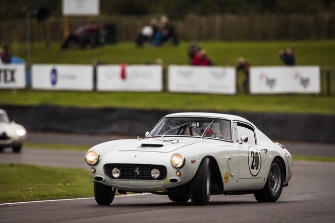 A Ferrari 250 GT SWB being driven on the absolute limit. Taken by Drew Gibson for Goodwood