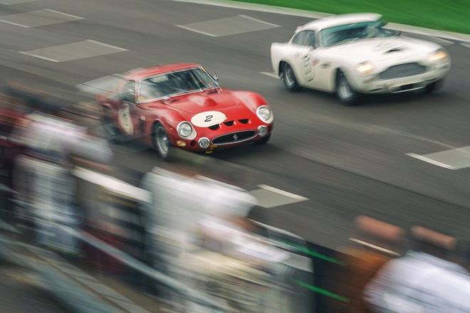 A Ferrari 250 GTO overtakes an Aston Martin DB4 GT. Taken by Richard Pardon for Goodwood