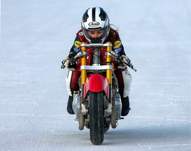 Cayla Rivas astride Royal Enfield Continental GT 650 at Bonneville Salt Flats.