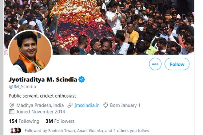 Jyotiraditya Scindia Twitter profile. (Screenshot)