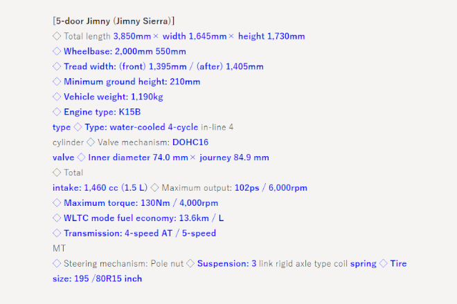 Suzuki Jimny 5 door specifications