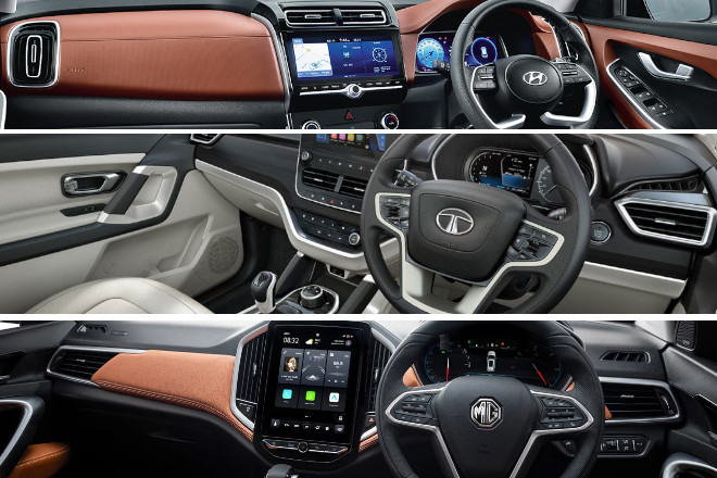 Hyundai Alcazar vs Tata Safari vs MG Hector Plus interior and features comparison